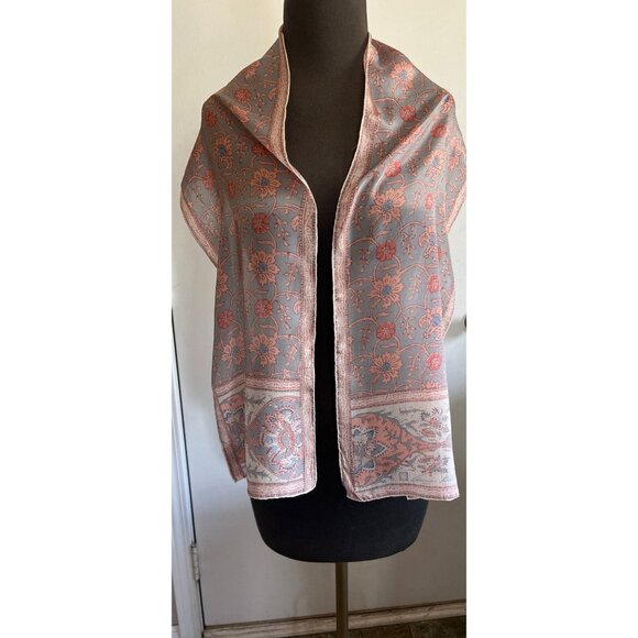 Vintage 1970’s Anne Klein FOR ROBINSON & GOLLUBER Scarf Gray Pink Floral Design - Picture 1 of 9